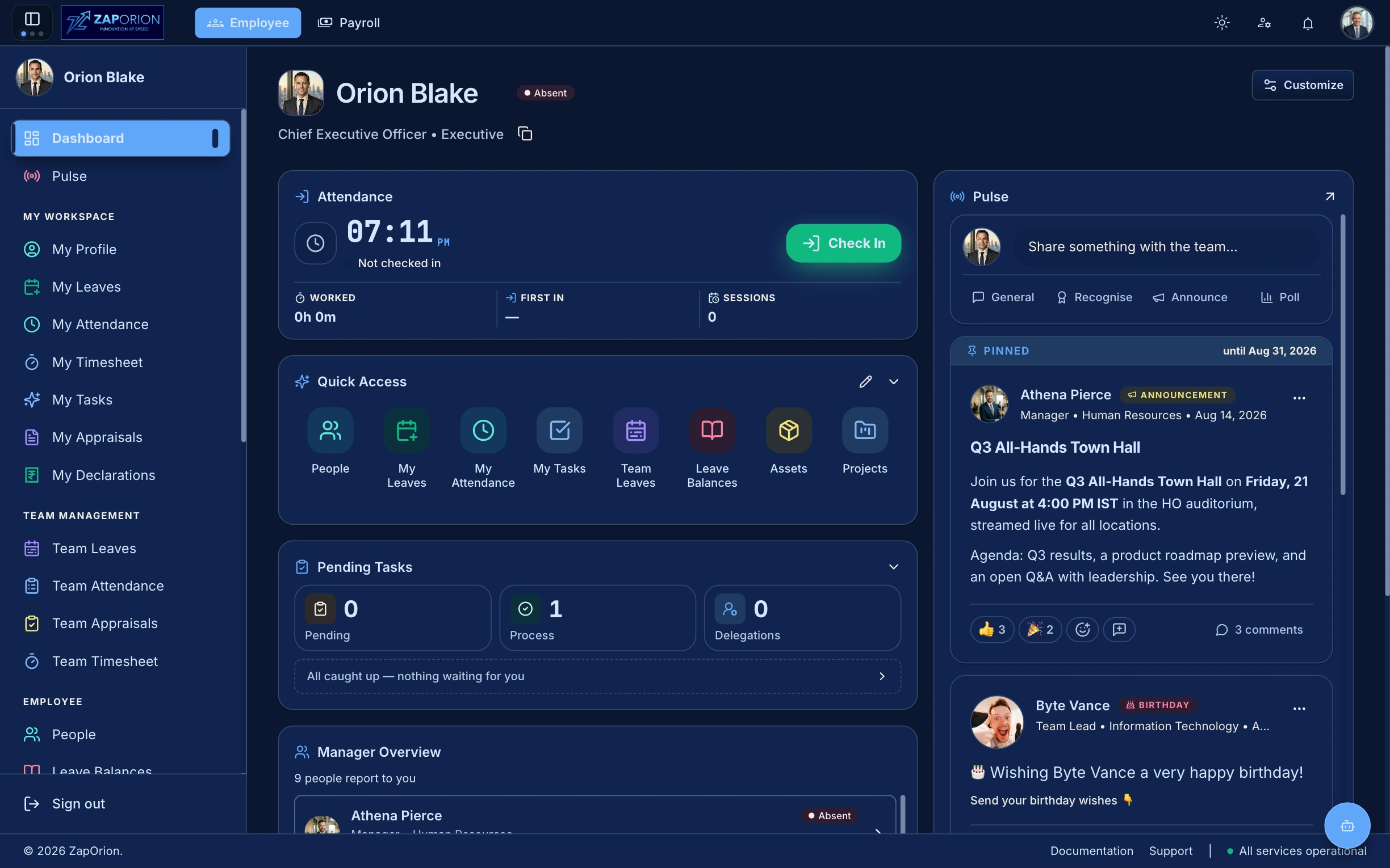 ZapHRMS Dashboard — Attendance 07:11 PM, Quick Access, Pending Tasks and Pulse — Dark mode live workspace