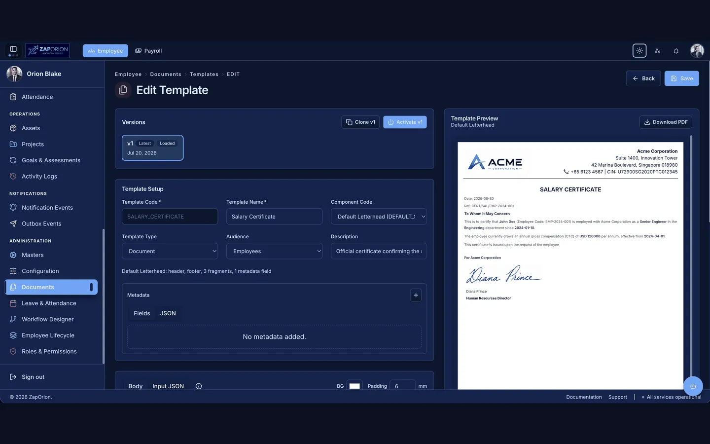 Edit Template — Salary Certificate